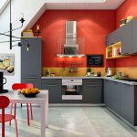 Photo of a corner kitchen with a pencil case, lower and upper row of cabinets