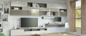 Light glossy wall for a living room with a TV unit in a modern style