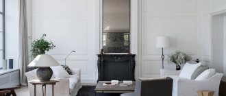 Mirror above the fireplace in a bright living room